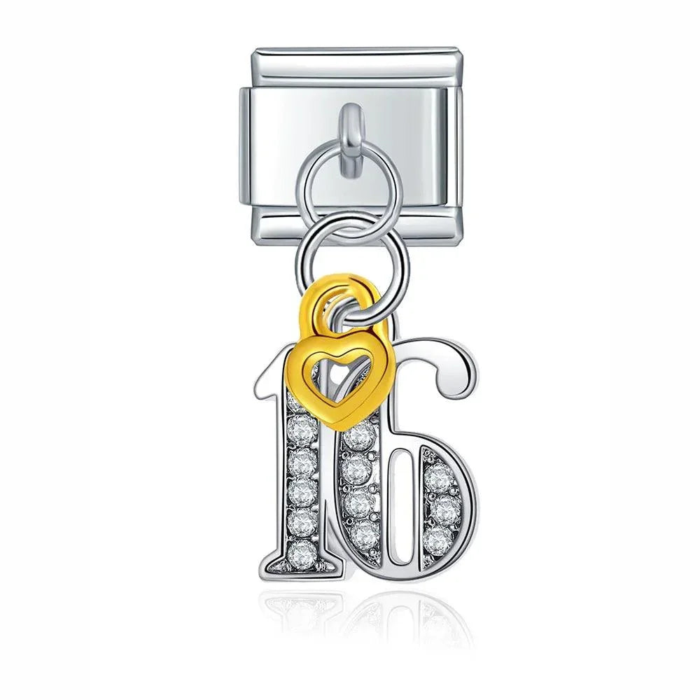 Number 16 with Stones, on Silver - Charms Official