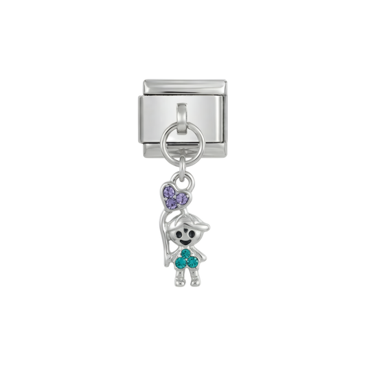 Kleiner Junge und sein Herzballon mit Steinen, auf Silber