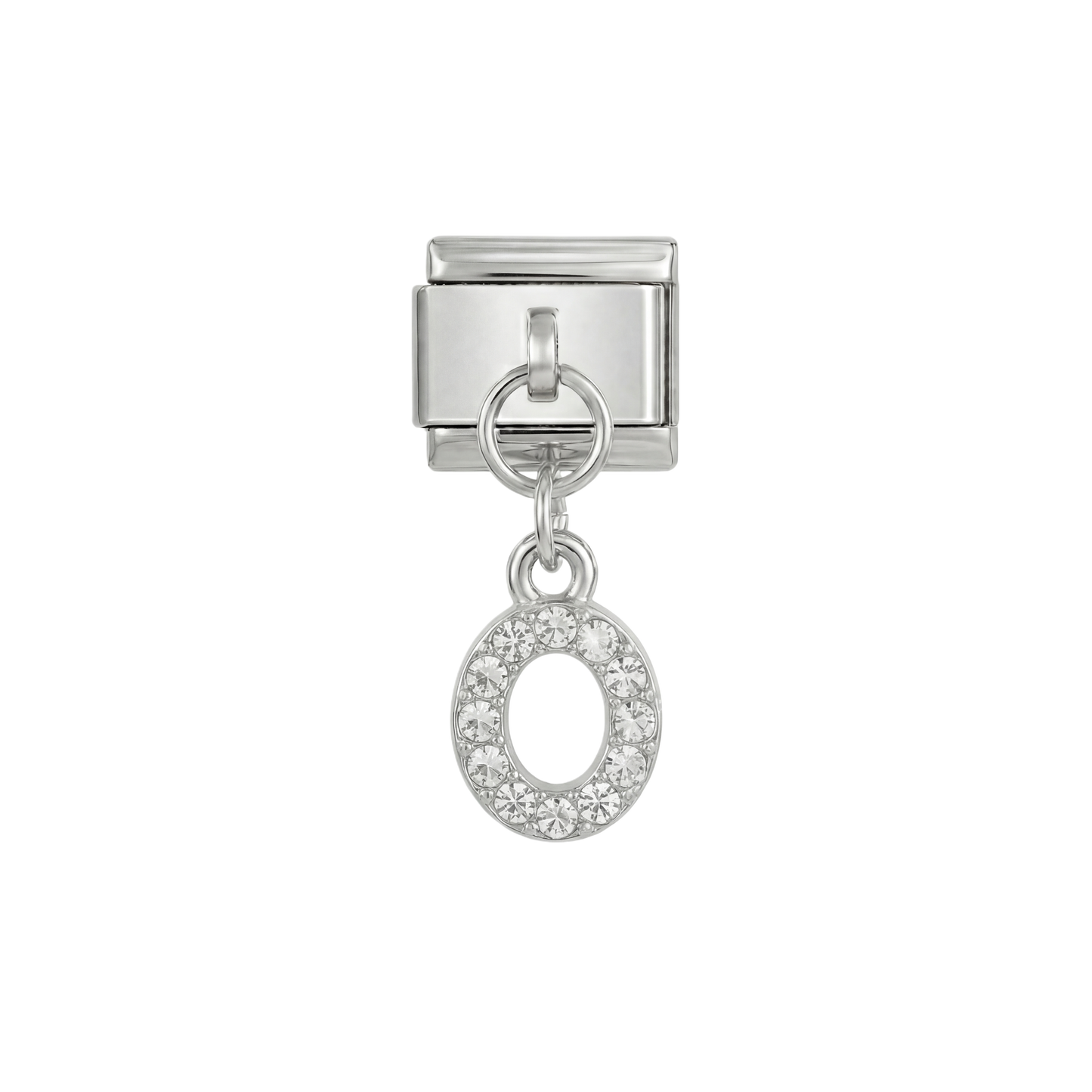 Lettre O, suspendue, sur argent