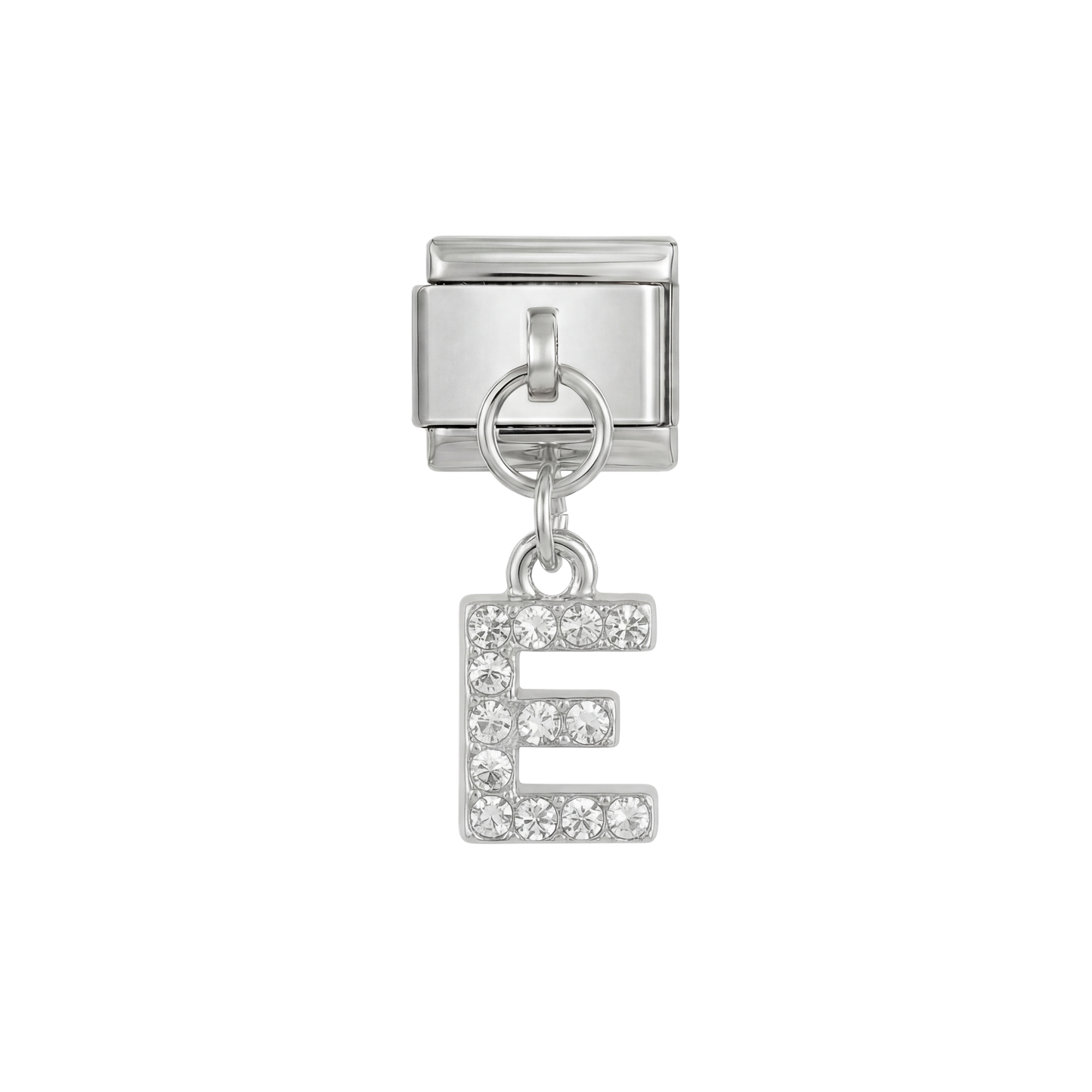Lettre E, suspendue, sur argent