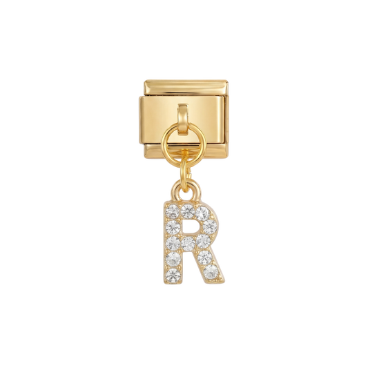 Letter R with stones, Hanging, on Gold