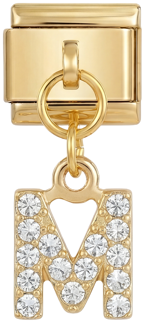 Letter M with stones, Hanging, on Gold - Letter-M-with-stones-hanging-on-gold.png