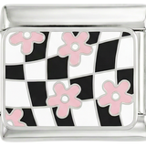 Black & White Checkers with Pink Flowers on Silver - black-white-checkers-with-pink-flowers-on-silver.png
