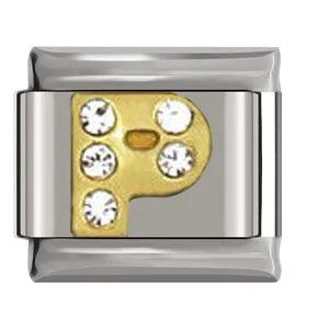 Letter P in Gold with Stones, on Silver - Charms Official