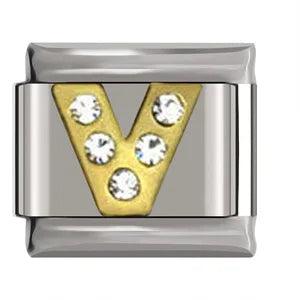 Letter V in Gold with Stones, on Silver - Charms Official