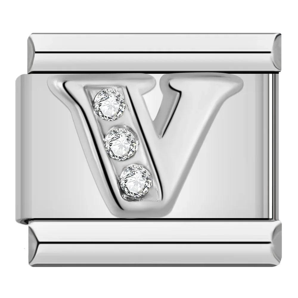 Letter V with Stones, on Silver - Charms Official