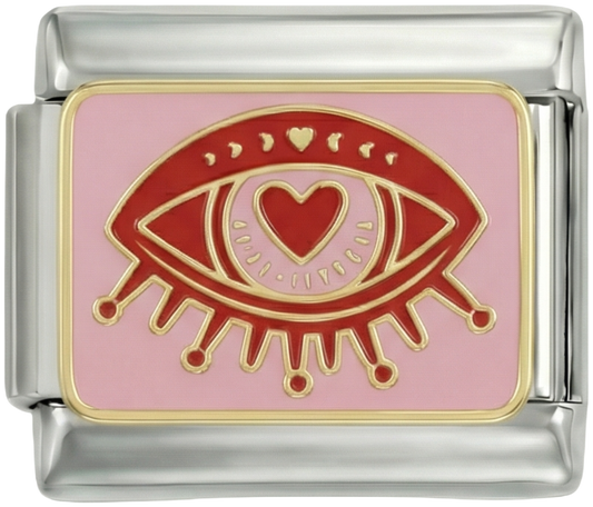 Pink Eye with Heart Eyeball on Pink Plate on Silver - pink-eye-with-heart-eyeball-on-pink-plate-on-silver.png
