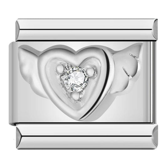 Silver Angel Heart with Single White Stone - Charms Official
